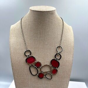 VTG Grace Adele Red Enamel Statement Bib Necklace Silver Tone Abstract Geometric
